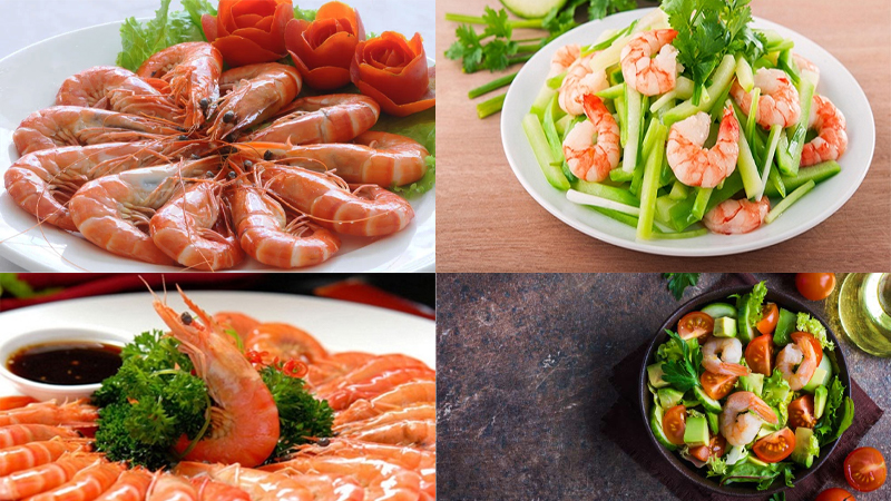 Các món giảm cân chế biến từ tôm là tôm luộc hay hấp, tôm xào và salad tôm với rau, củ.